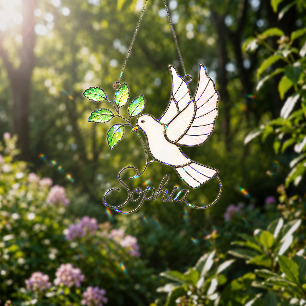 Personalized White Dove & Olive Branch Holographic Acrylic Suncatcher