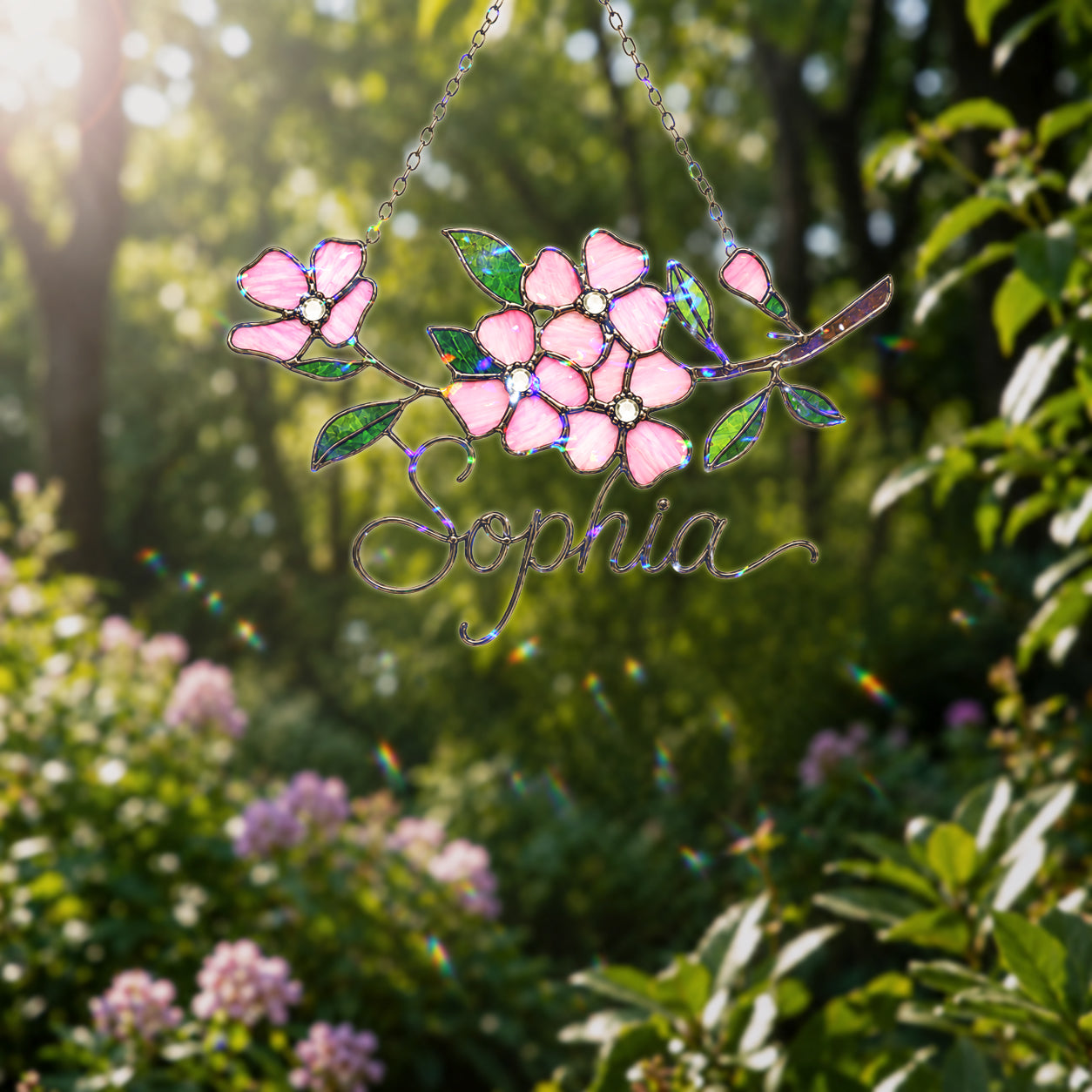 Personalized Pink Cherry Blossom Branch Holographic Acrylic Suncatcher