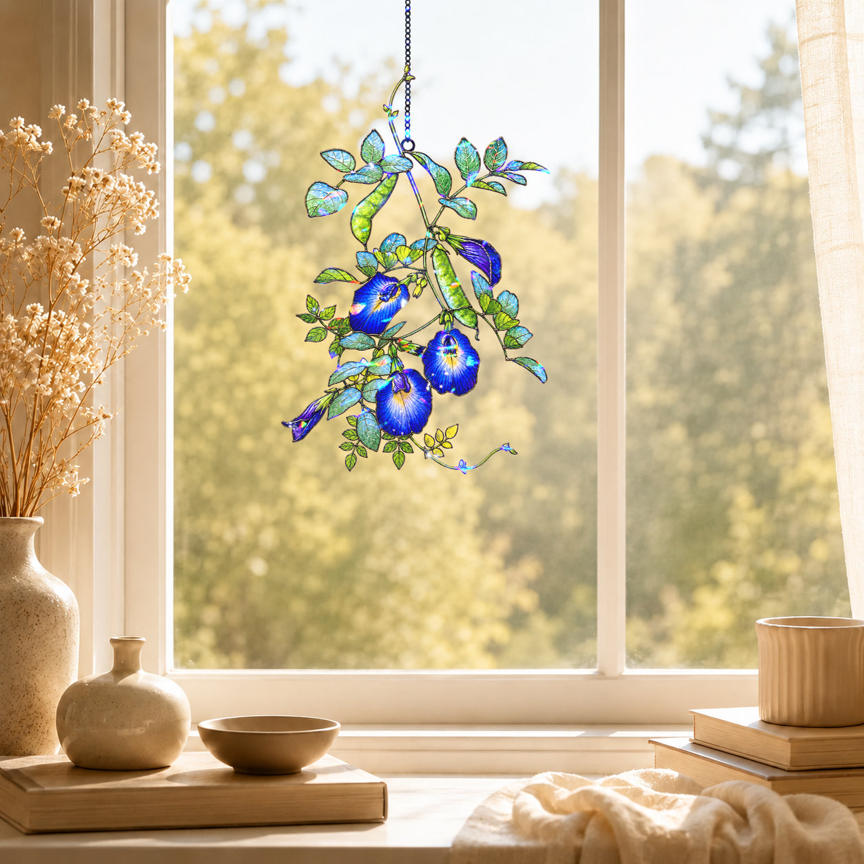 Blue Butterfly Pea Flower Vine Holographic Acrylic Suncatcher