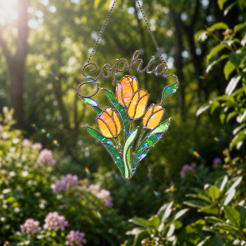 Personalized Yellow Tulip Bouquet Holographic Acrylic Suncatcher