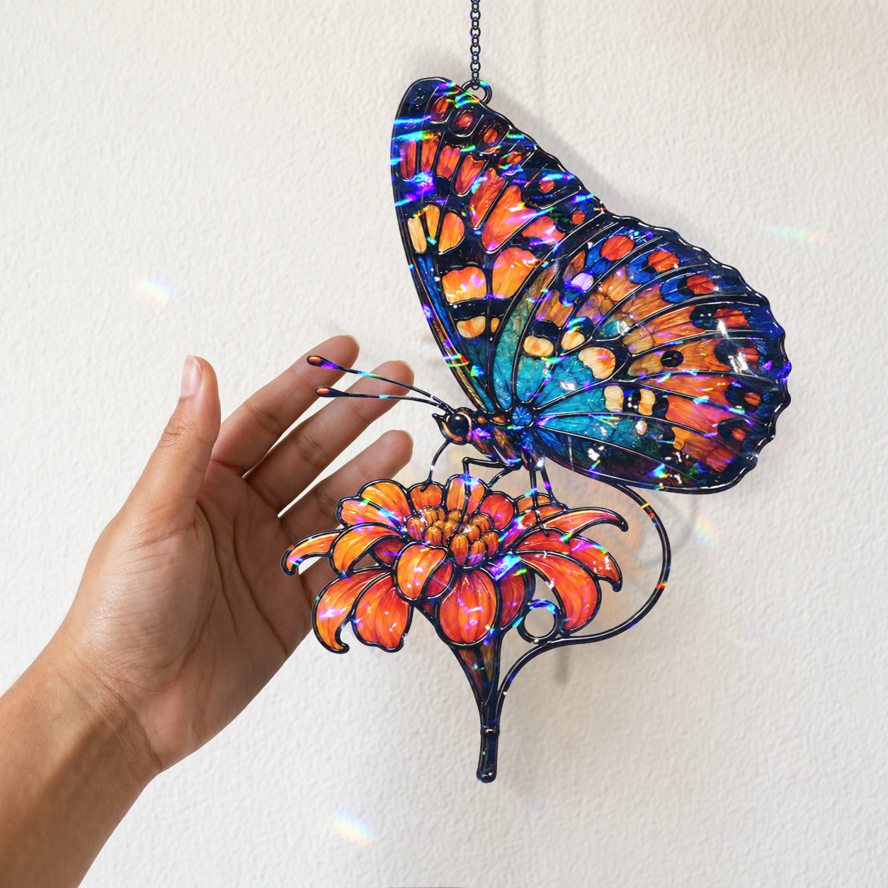 Orange & Blue Butterfly with Marigold Holographic Acrylic Suncatcher