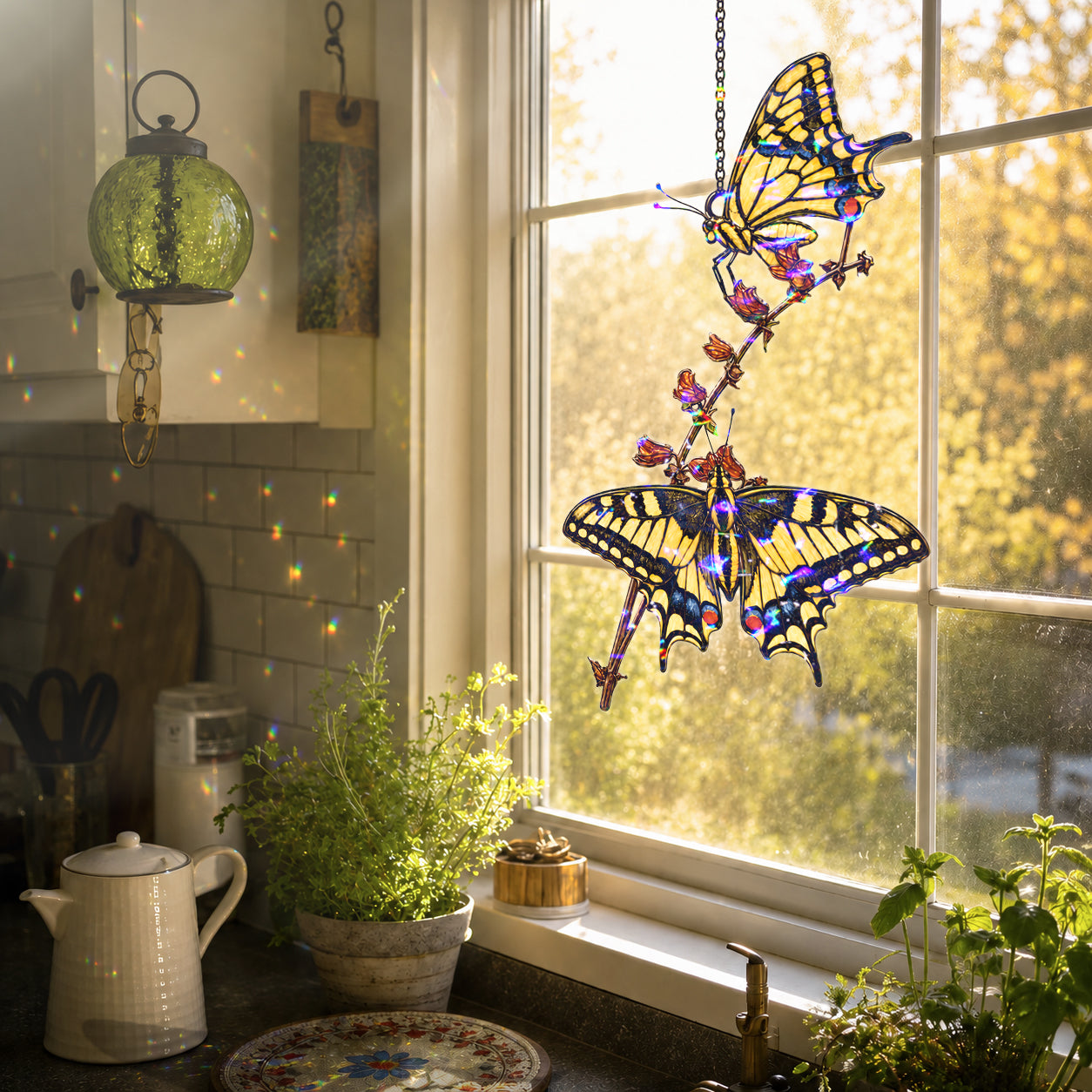 Two Swallowtail Butterflies on Blossom Branch Holographic Acrylic Suncatcher