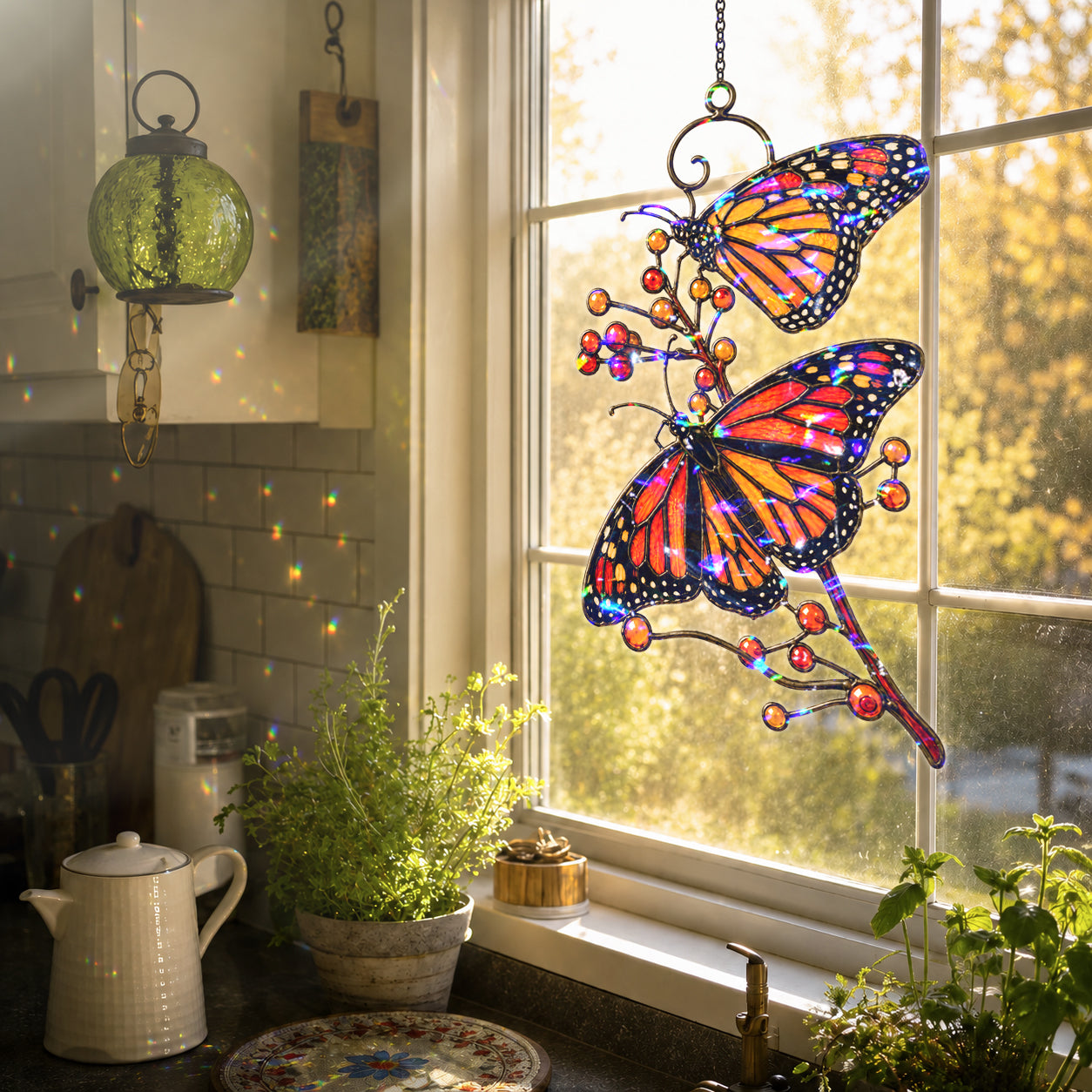Monarch Butterflies & Berry Branch Holographic Acrylic Suncatcher