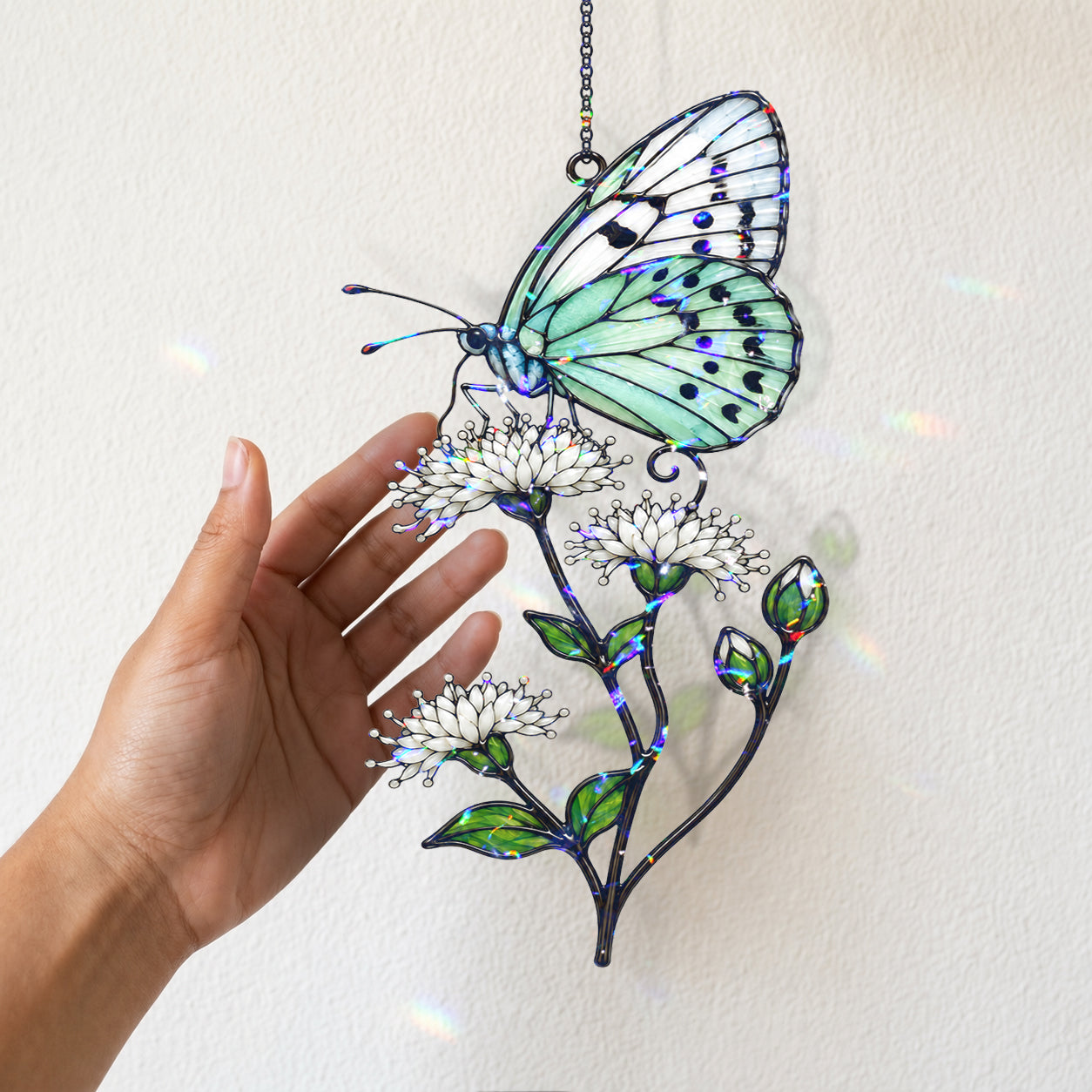 Mint Butterfly & White Blossom Holographic Acrylic Suncatcher