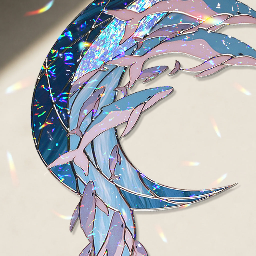 Whale Pod Crescent Moon Holographic Acrylic Suncatcher