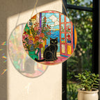 Close-up detail of Black cat window stained glass suncatcher