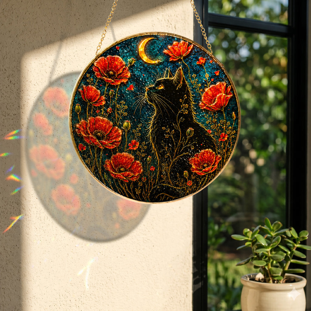 Close-up detail of Black cat and red poppies stained glass suncatcher