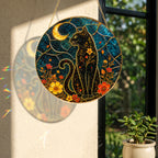 Close-up detail of Black cat crescent moon stained glass suncatcher