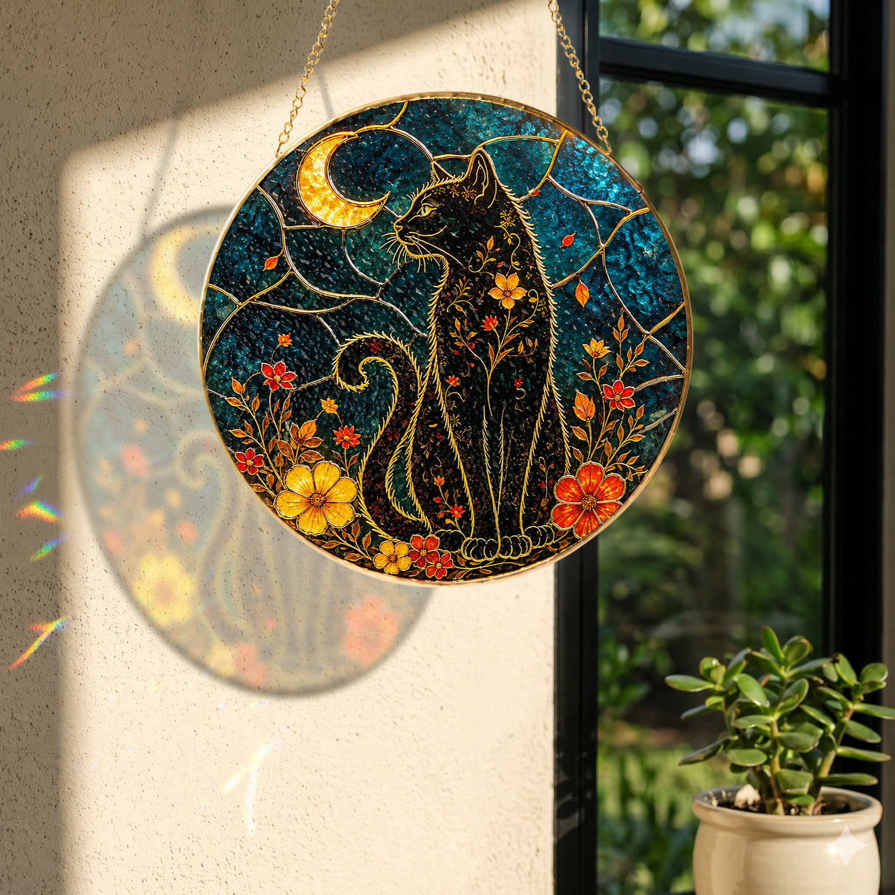 Close-up detail of Black cat crescent moon stained glass suncatcher