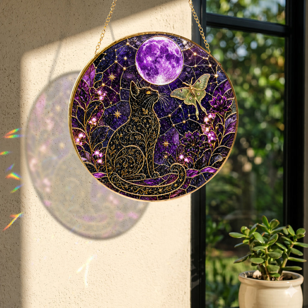 Close-up detail of Celestial cat and purple moon stained glass suncatcher