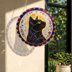 Close-up detail of Mystical cat moon mandala stained glass suncatcher