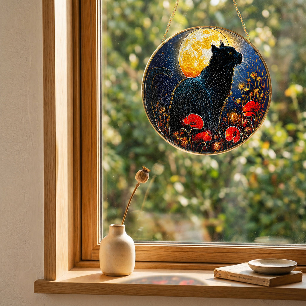 Close-up detail of Black cat full moon stained glass suncatcher