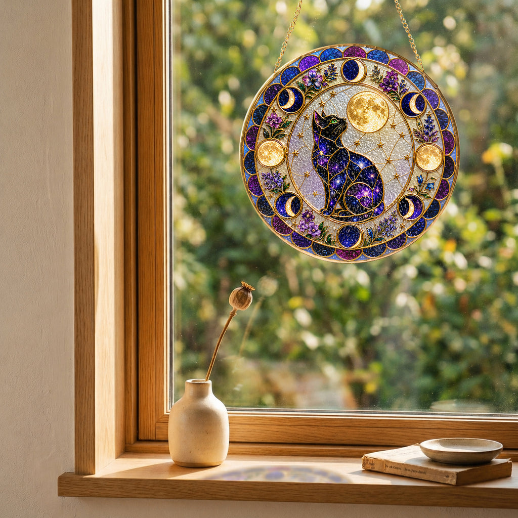 Close-up detail of Galaxy cat moon phases stained glass suncatcher