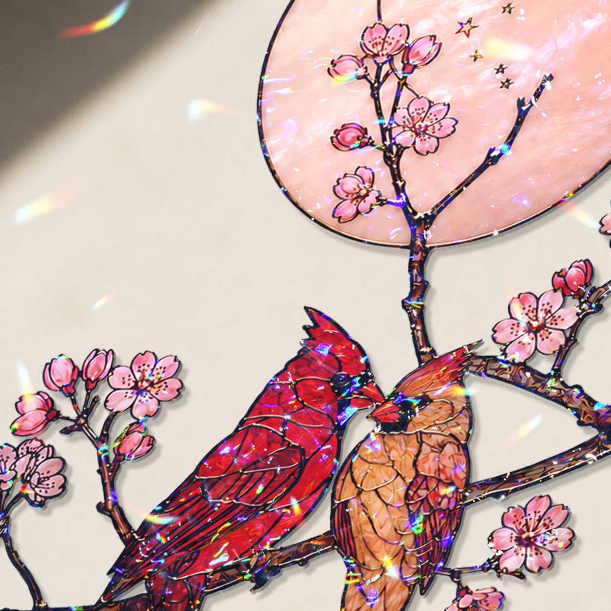 Cardinal Couple & Cherry Blossom Moon Holographic Acrylic Suncatcher