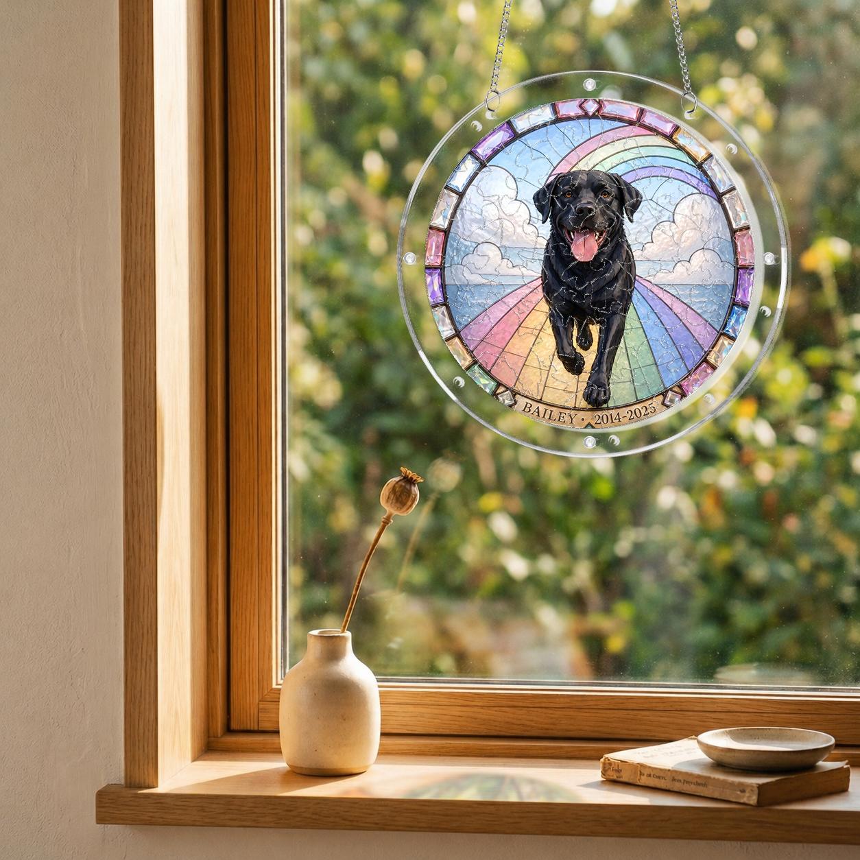 Black Labrador memorial puzzle suncatcher hanging in a wooden window with a garden view