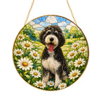 Doodle Dog in Daisy Field Suncatcher in sunlight