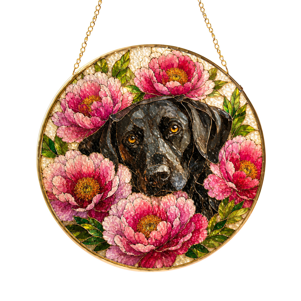 Black Lab & Peonies Glass Suncatcher in sunlight
