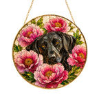 Black Lab & Peonies Glass Suncatcher in sunlight