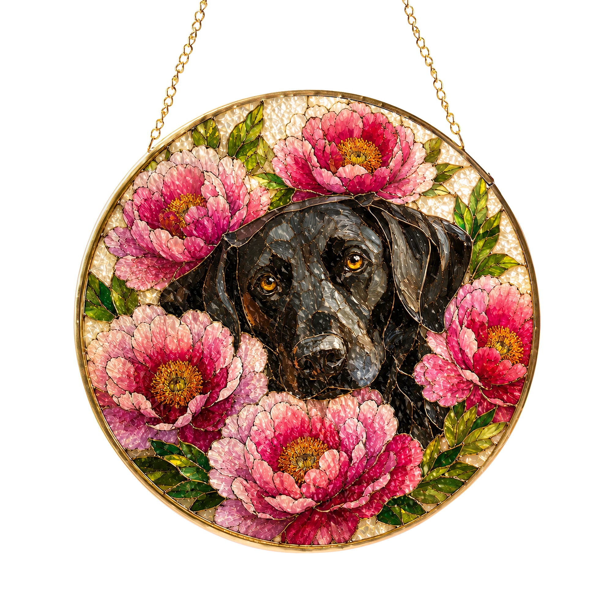 Black Lab & Peonies Glass Suncatcher in sunlight