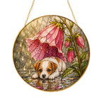 Puppy & Pink Flower Rain Suncatcher in sunlight