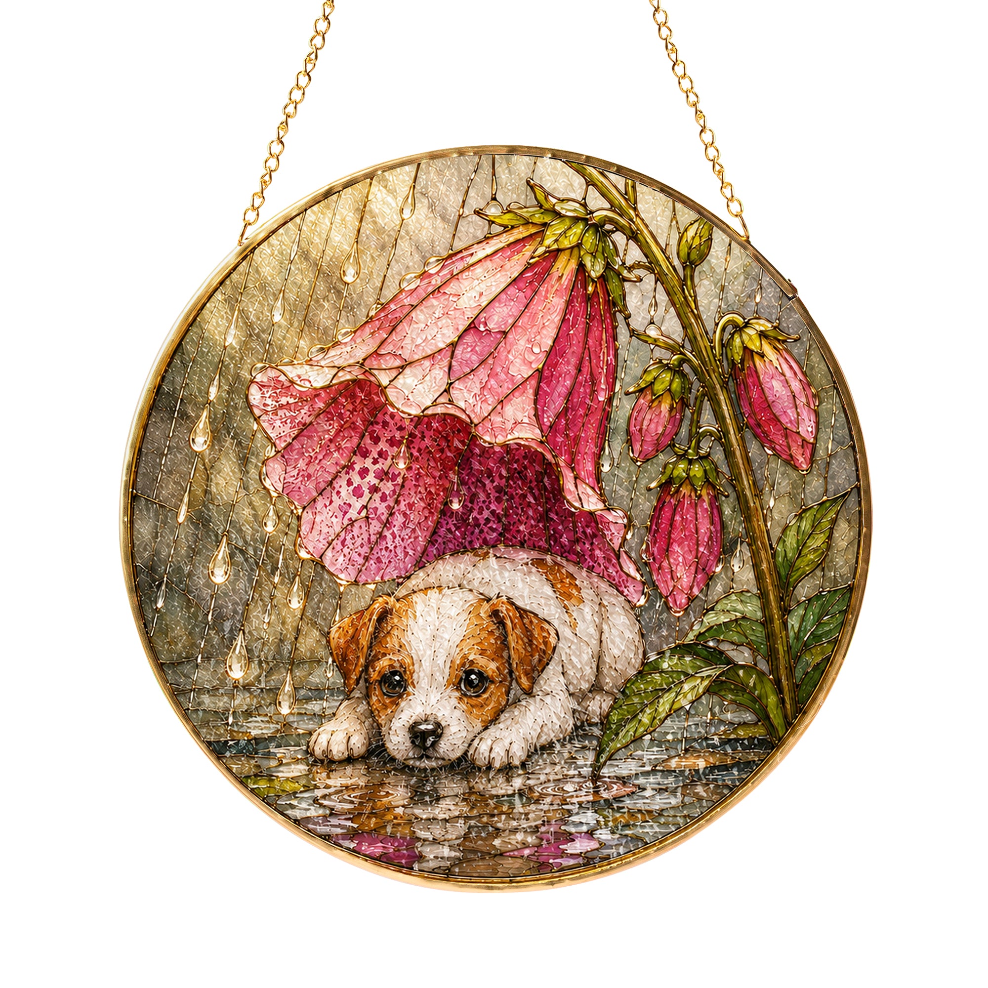 Puppy & Pink Flower Rain Suncatcher in sunlight