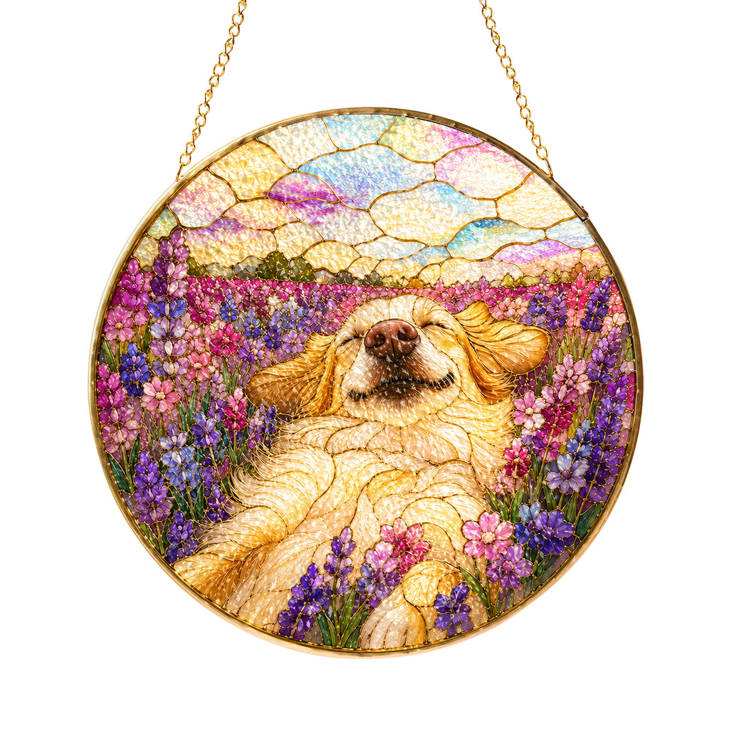 Golden Pup in Lavender Field Suncatcher in sunlight