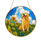 Golden Retriever Sunflower Field Suncatcher in sunlight