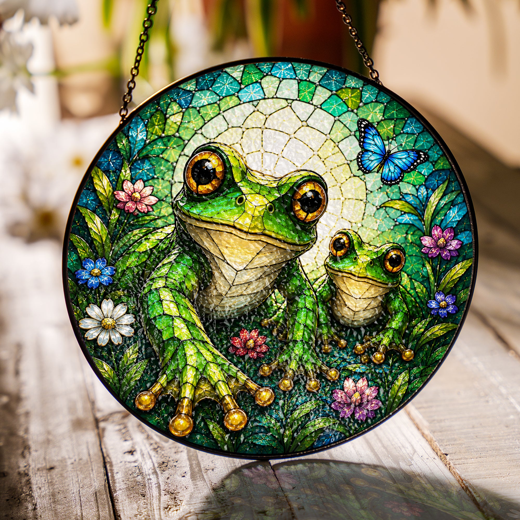 Mama and Baby Frog Wildflower Stained Glass Suncatcher