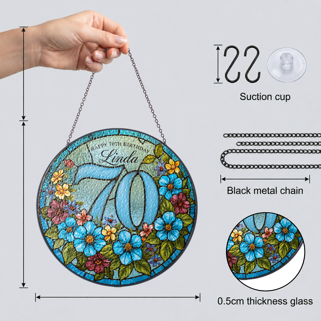 Personalized 70th Birthday Suncatcher – Custom Name Floral Stained Glass Window Hanging Gift