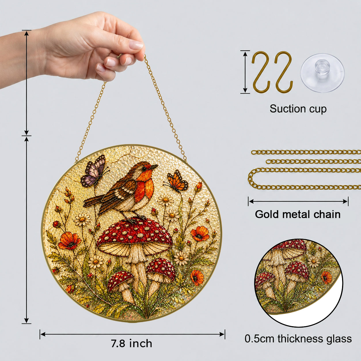 Robin & Mushroom Stained Glass Suncatcher