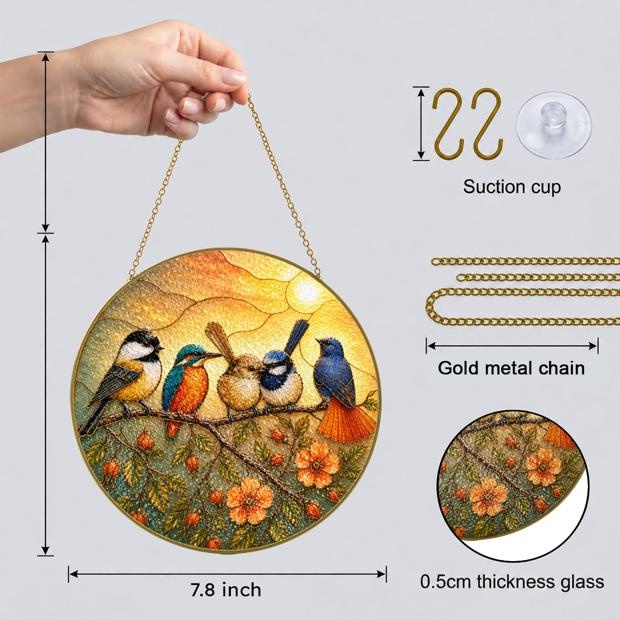 Colorful Birds on a Branch Stained Glass Suncatcher