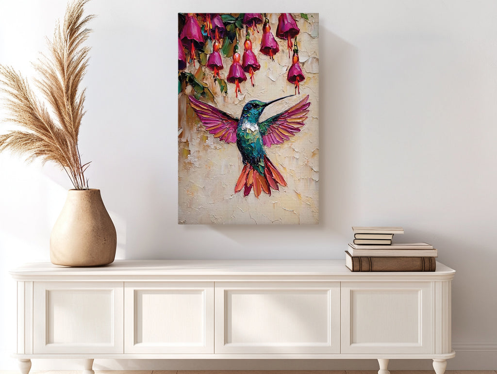 Hummingbird Canvas Wall Art Colorful Painting with Pink Flowers
