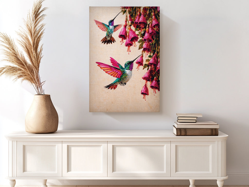 Canvas Wall Art Colorful Hummingbird Painting with Pink Flowers
