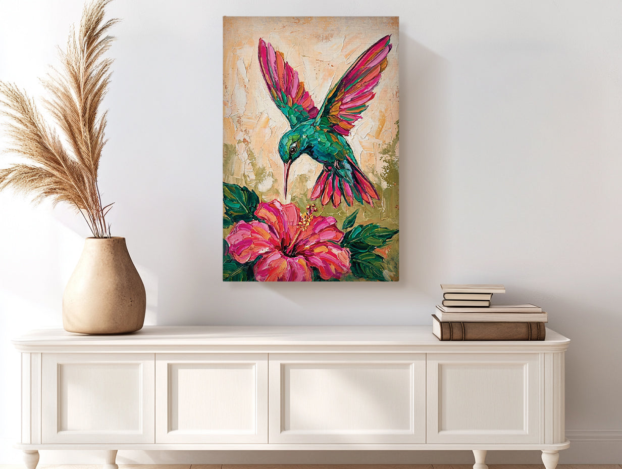 Hummingbird Canvas Wall Art Colorful Painting with Flower, Botanical Bird Prints for Living Room Bedroom Office