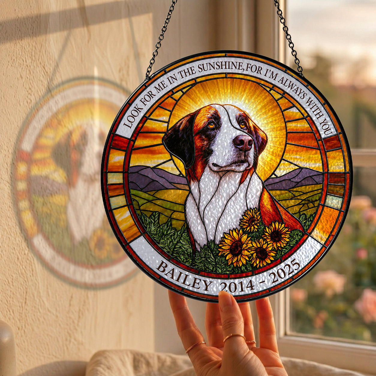 Dog memorial suncatcher held up to a sunlit garden window