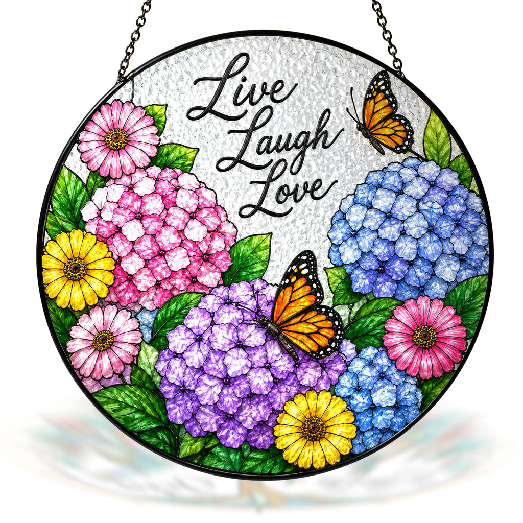 Live Laugh Love Floral Butterfly Stained Glass Suncatcher