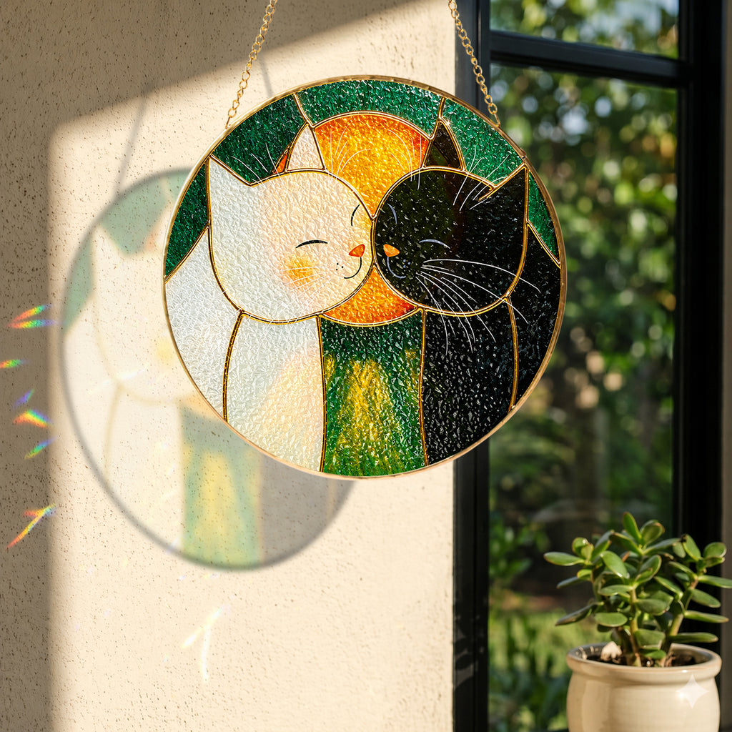 Close-up detail of Cuddling cats stained glass suncatcher