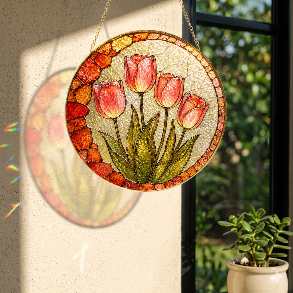 Close-up detail of Pink tulip stained glass suncatcher