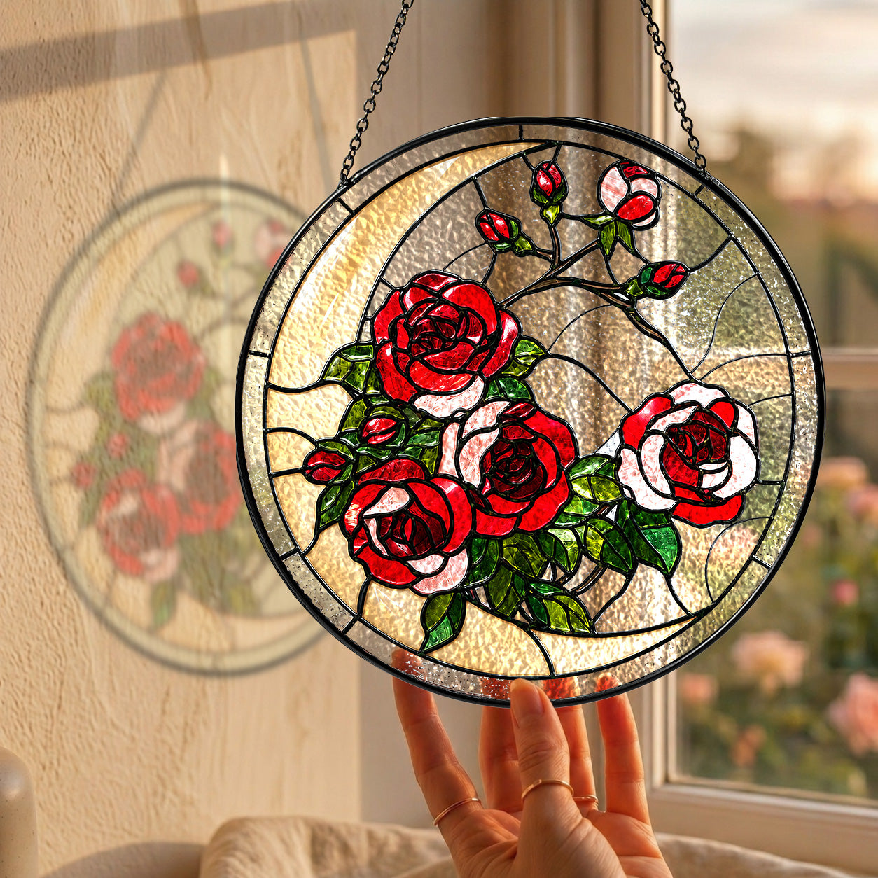 Red rose stained glass suncatcher held by a sunny window with a garden view
