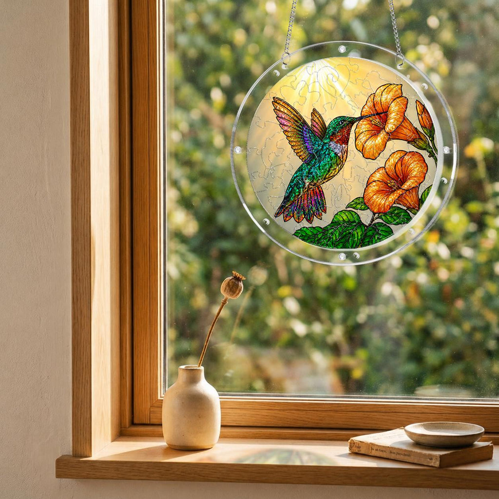 Hummingbird trumpet-flower puzzle suncatcher hanging in a wooden window with a garden view