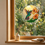Hummingbird trumpet-flower puzzle suncatcher hanging in a wooden window with a garden view