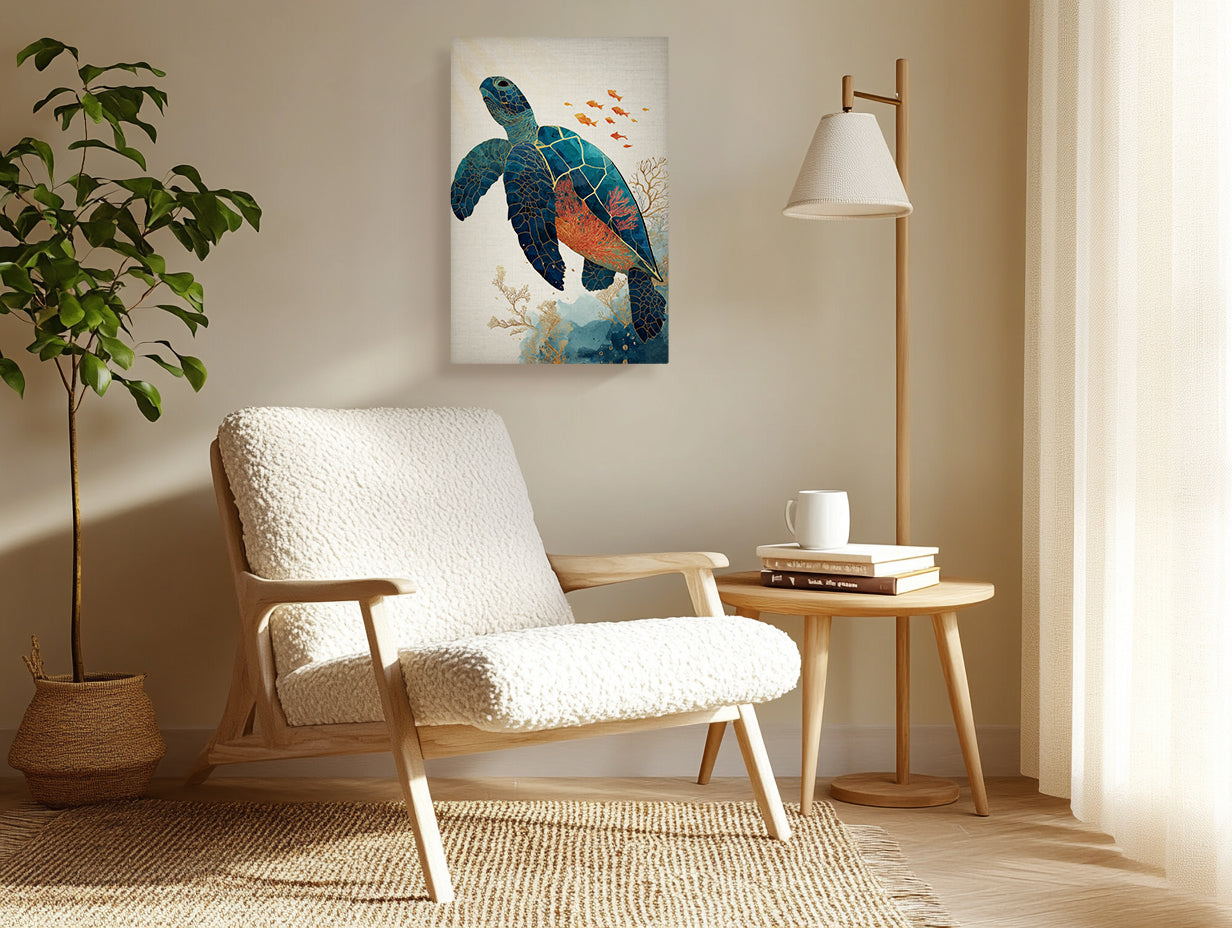 Sea Turtle Canvas Wall Art with Coral Reef and Gold Line Design