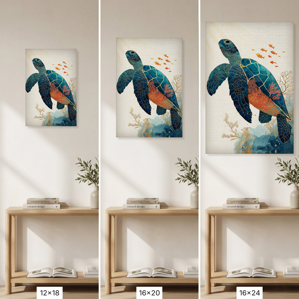 Sea Turtle Canvas Wall Art with Coral Reef and Gold Line Design
