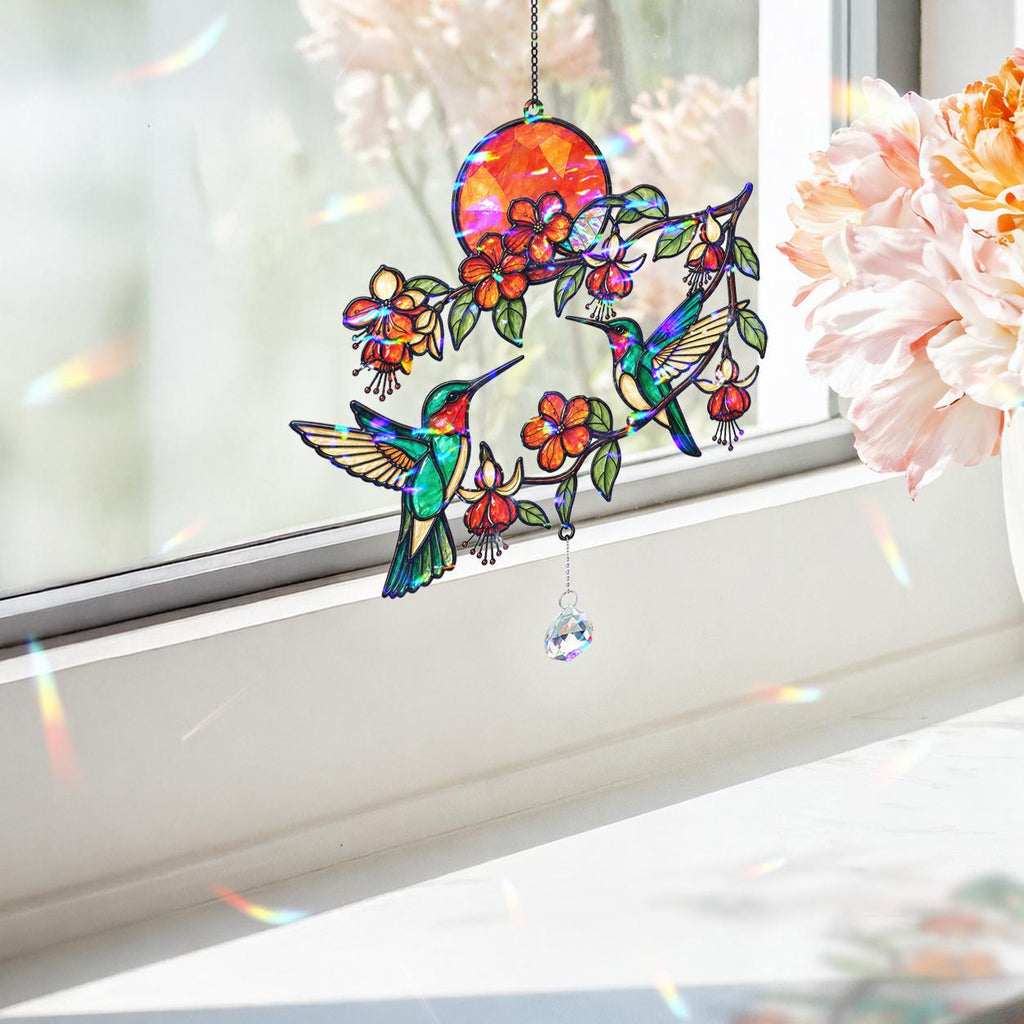 Hummingbird Flowering Branch Holographic Acrylic Suncatcher with Charm