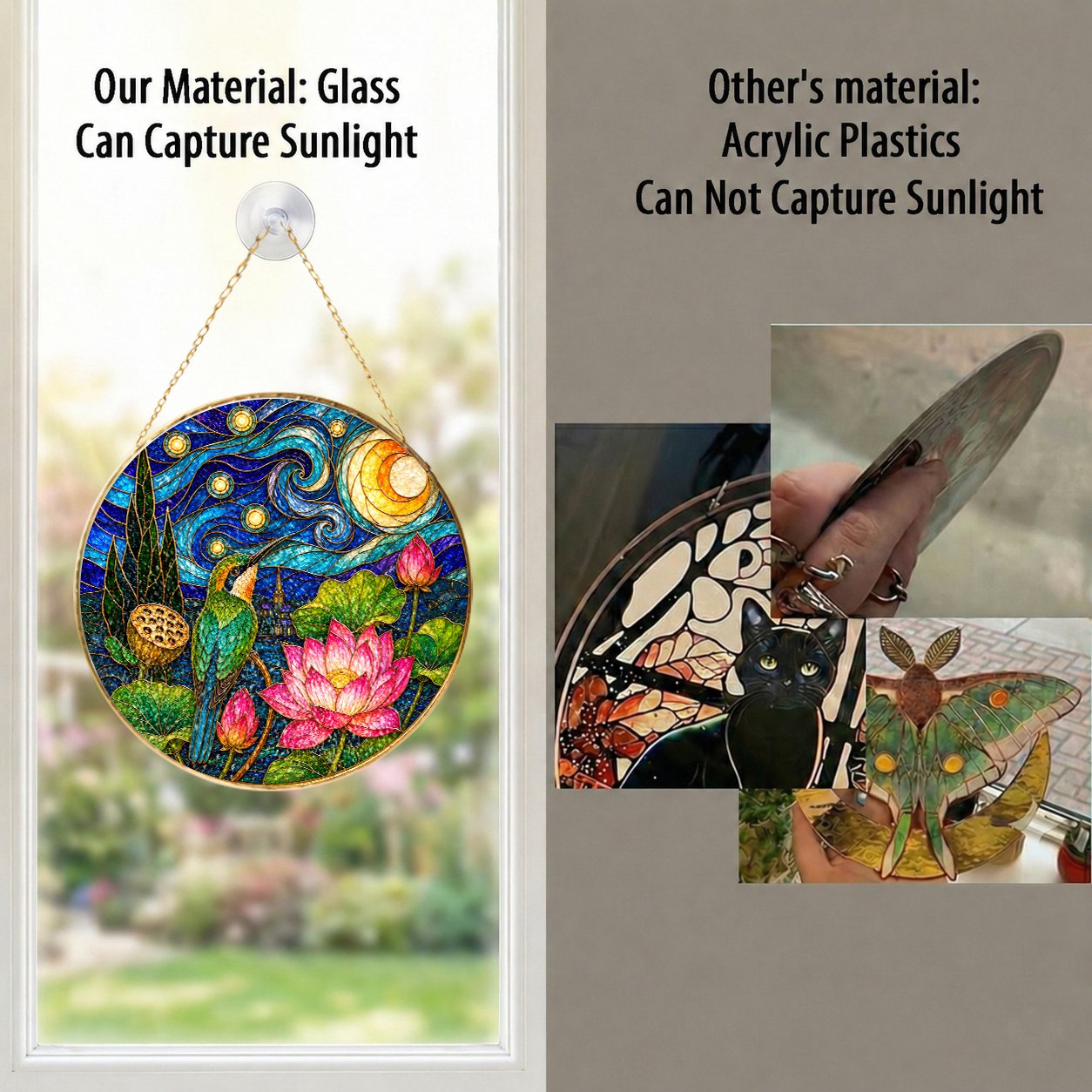 Hummingbird Lotus Stained Glass Suncatcher