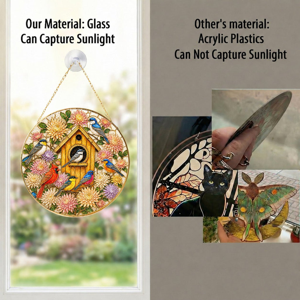 Birdhouse Birds Stained Glass Suncatcher