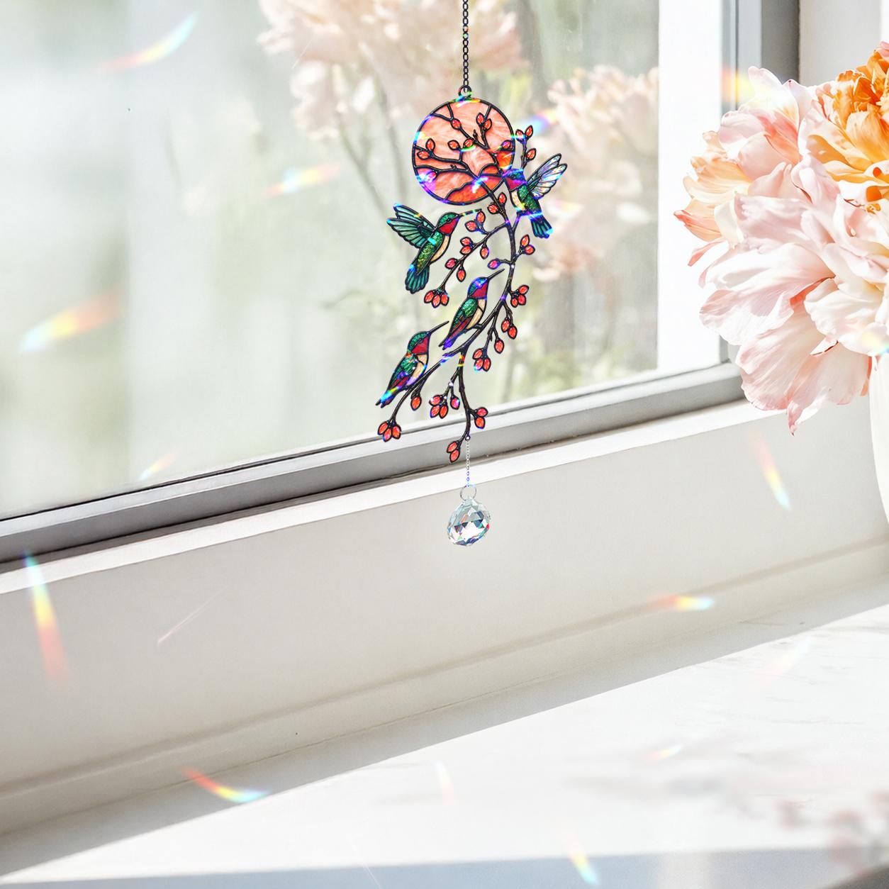 Hummingbird Flowering Branch Holographic Acrylic Suncatcher with Charm