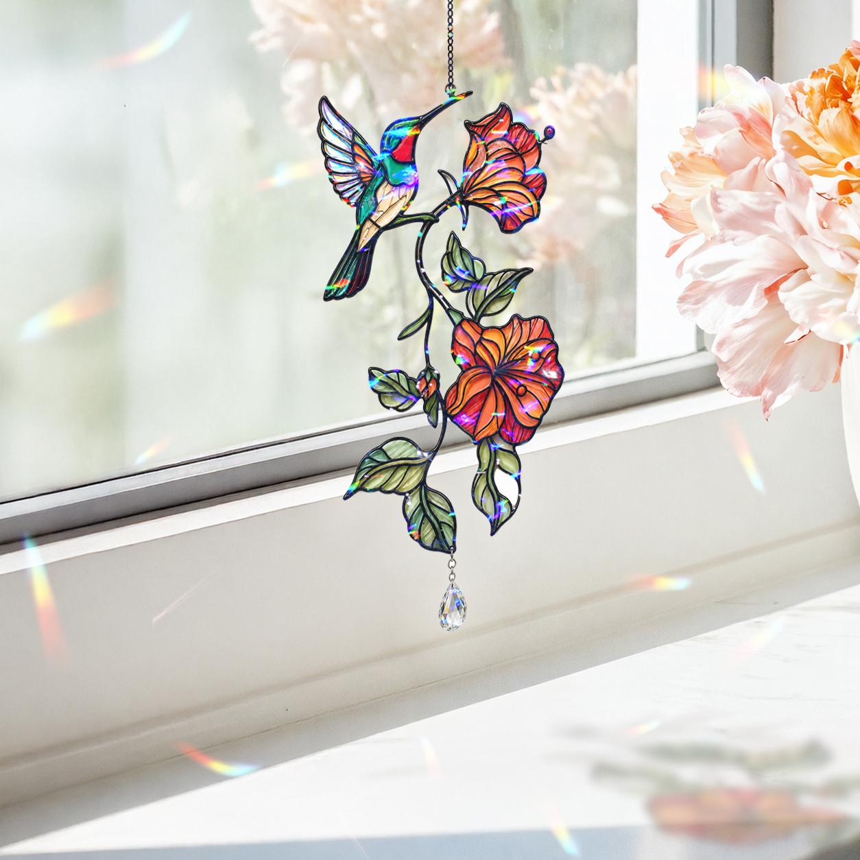 Hummingbird Blooming Vine Holographic Acrylic Suncatcher with Charm