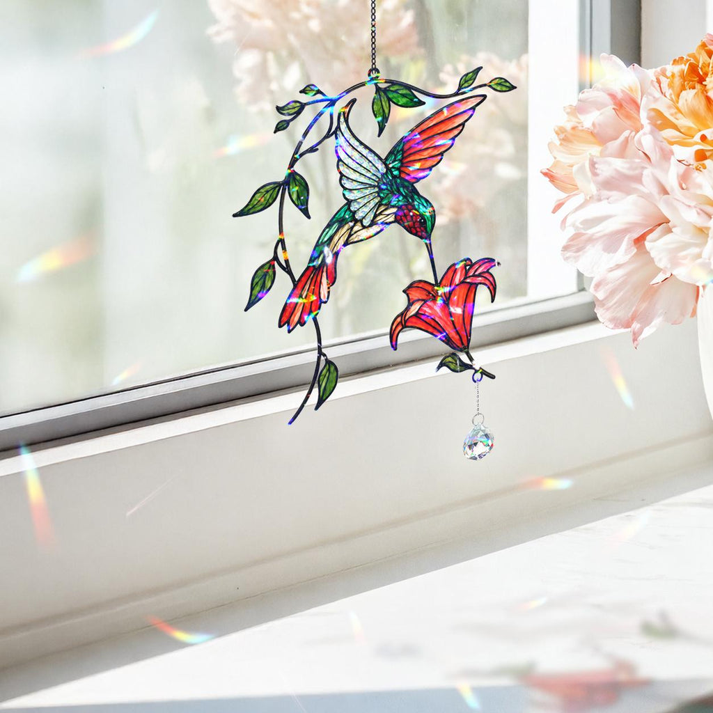 Hummingbird Blooming Vine Holographic Acrylic Suncatcher with Charm