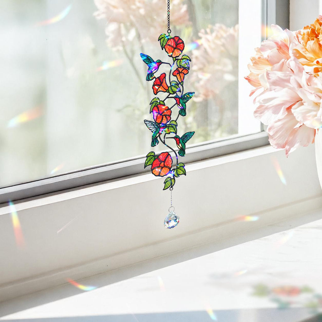 Hummingbird Blooming Vine Holographic Acrylic Suncatcher with Charm